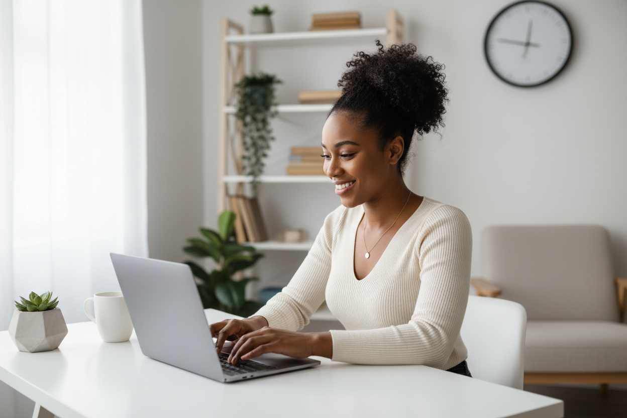 Black virtual assistant happy and on the laptoo